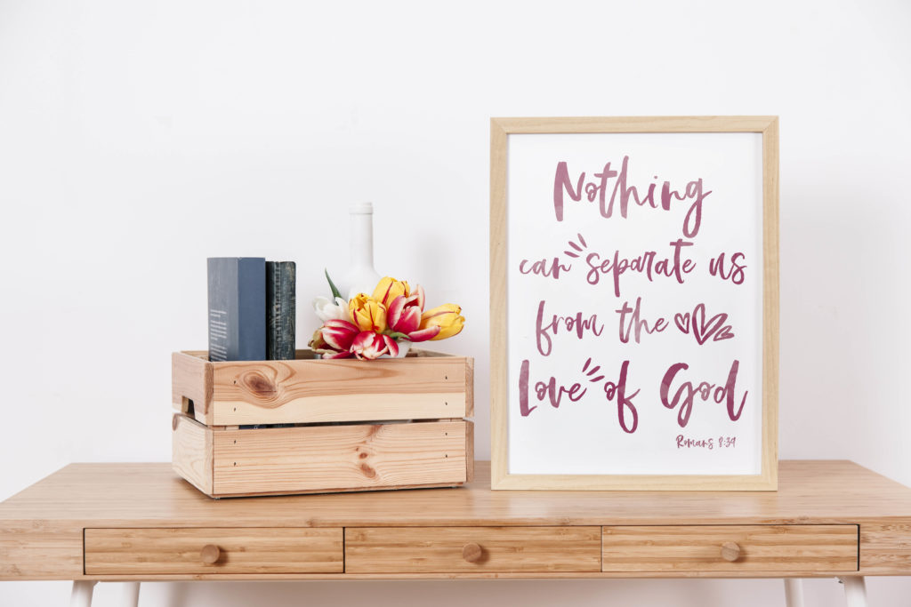 I designed this Romans 8:39 Free Wall Art as reminder of God's unconditional love. Do you need a reminder too? Print this beautiful wall art and display it in your home so you never forget you're not alone!