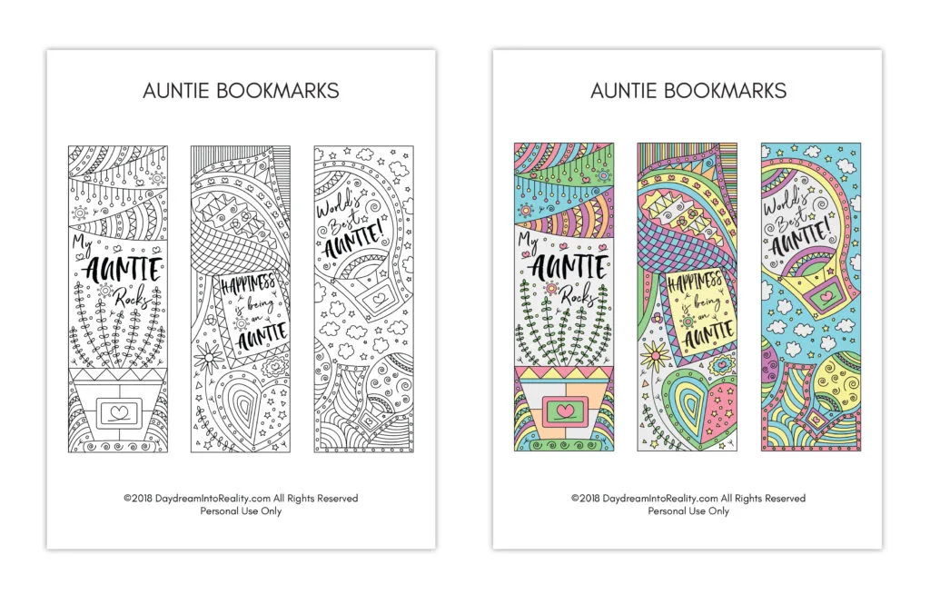 Are you an auntie, or have one that you absolutely love? Come and get this amazing Coloring Auntie Bookmarks Free Printable. Choose from 3 different options and, guess what, if you don't feel in the mood for coloring there's a version in color as well!