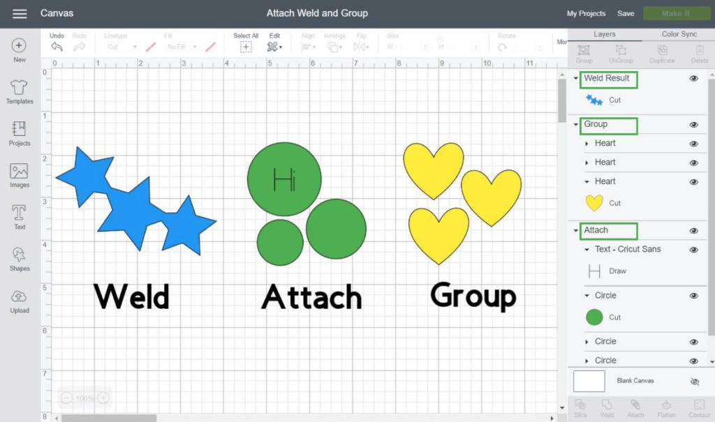 Screenshot of examples of Weld, Attach and Group.