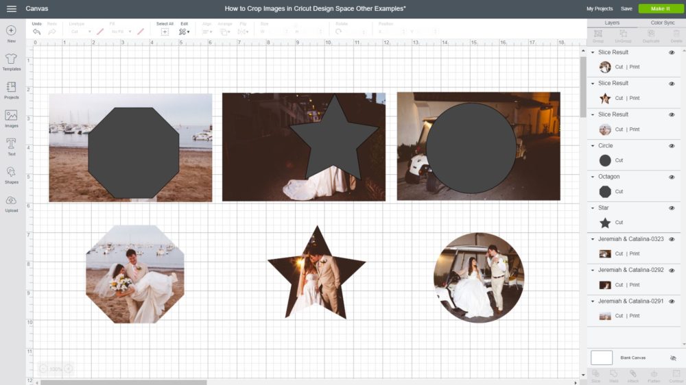 Screenshot of different ways and styles to Crop Images inside Cricut Design Space with the Slice tool.