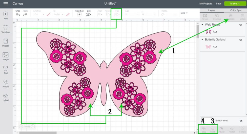 Use flip vertical to mirror flowers to perfection, arrange, weld and slice.