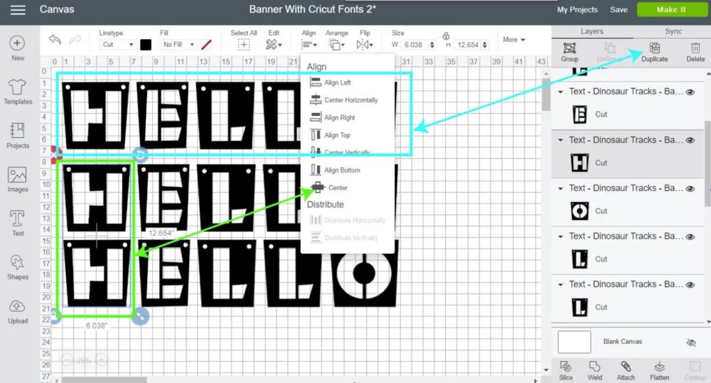 Screenshot Cricut Design Space:  duplicating banner and centering 