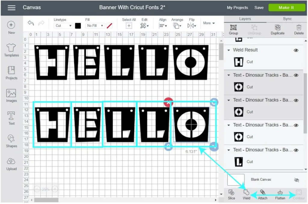 Screenshot Cricut Design Space:  welding each pair of letters and then contour.