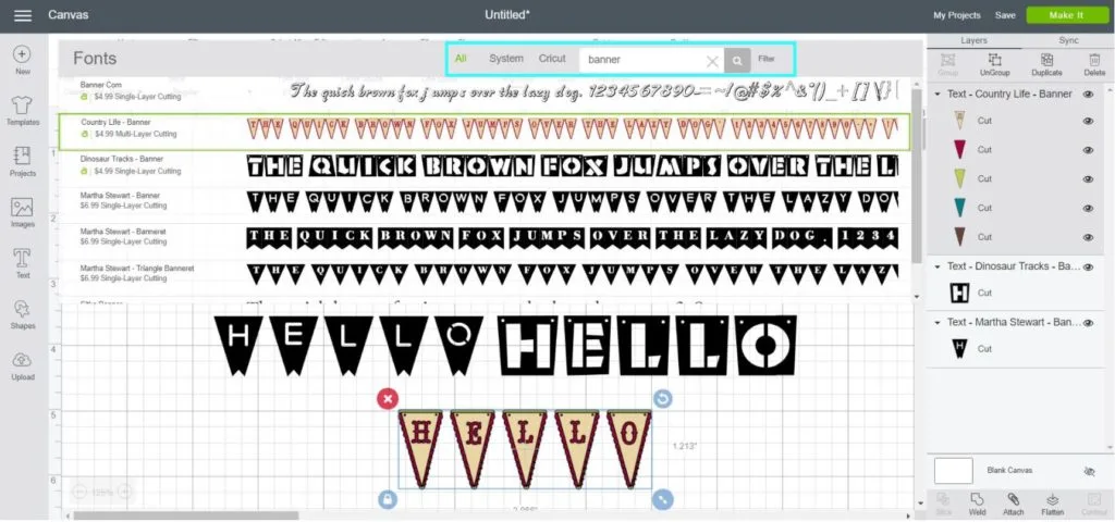 Screenshot Cricut Design Space: looking for banner fonts by typing banner in the search box