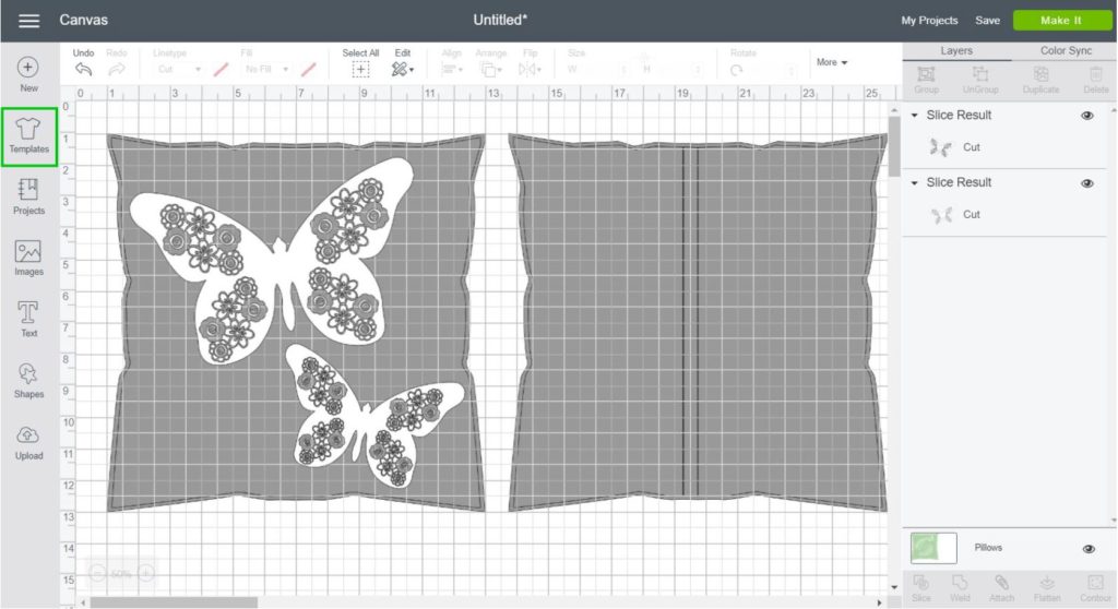 Placing Sliced Butterfly on Throw Pillow Template in Cricut Design Space