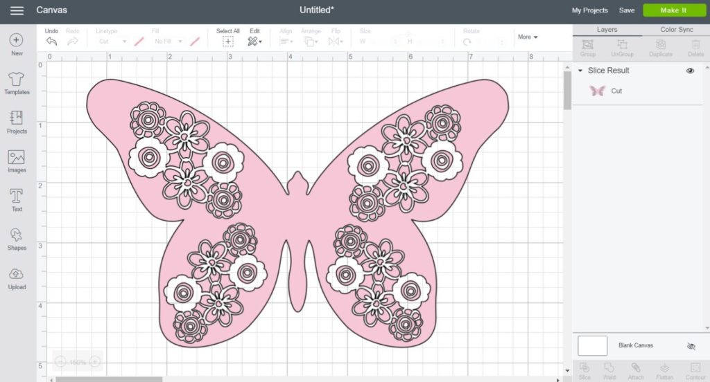 Butterfly after using the slice tool in Cricut Design Space