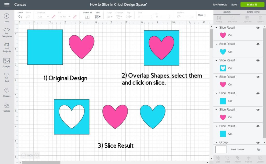 Screenshot of how to slice images inside Cricut Design Space