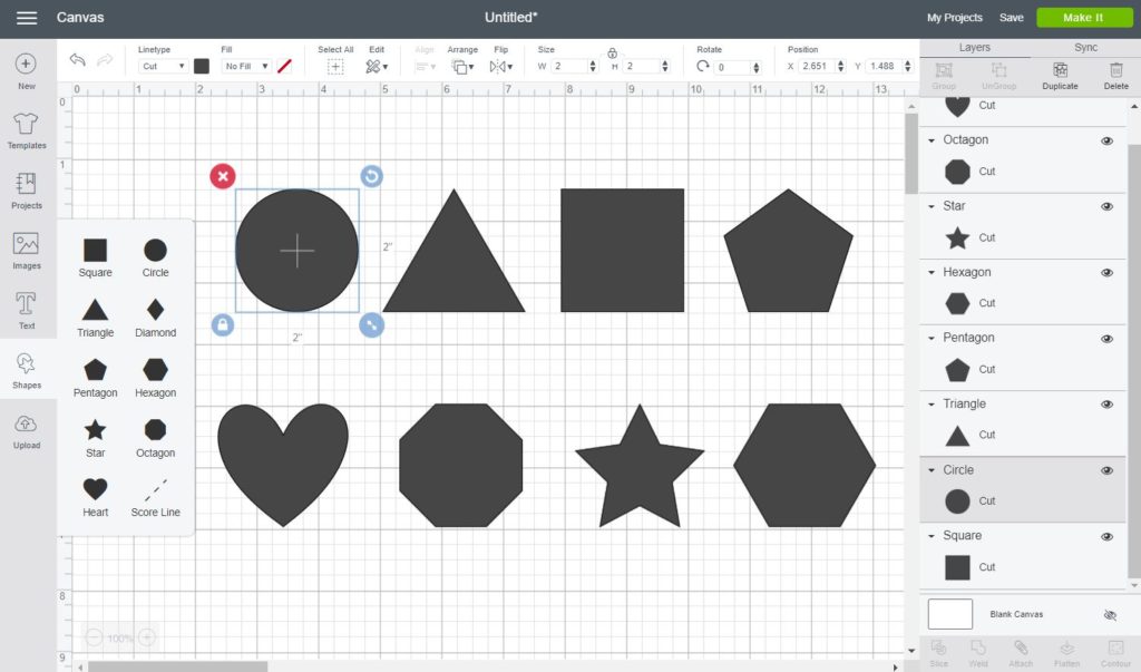 Screenshot Cricut Design Space: All of the shapes you can add (Circle, Triangle, Square, Pentagon, heart, star and more)