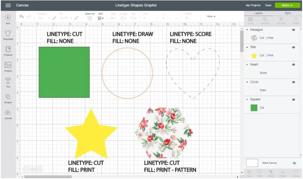 Screenshot Cricut Design Space: Of how to cut, draw, score and print then cut a shape