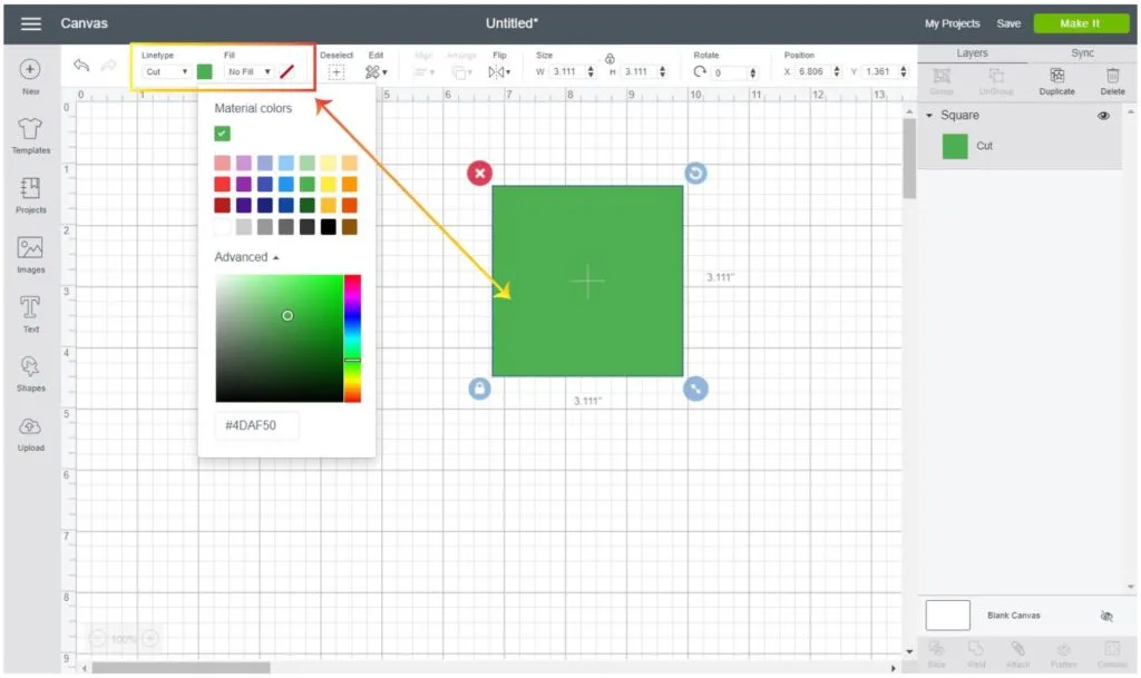 Screenshot Cricut Design Space:  Change the color of a shape