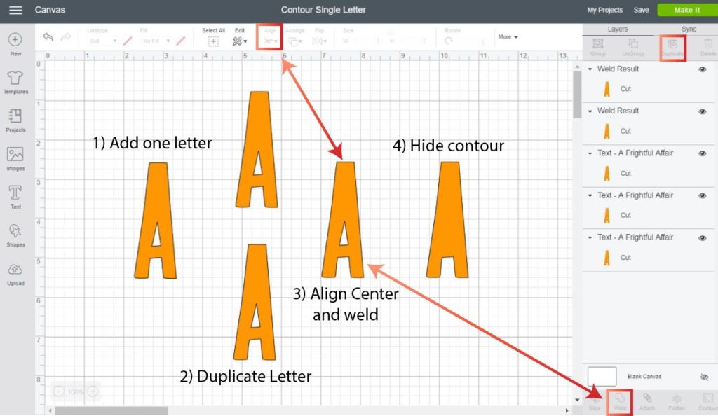 Info graphic that shows how to contour a single letter in Cricut Design Space
