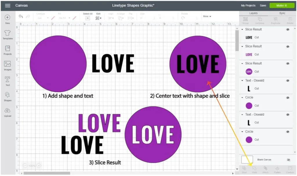 Screenshot Cricut Design Space: Step by step of how to cut text out of a shape
