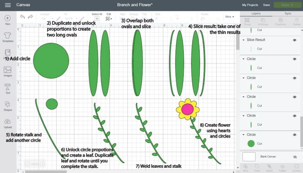 Screenshot Cricut Design Space: Step by step of how to make a stem or stalk using circles