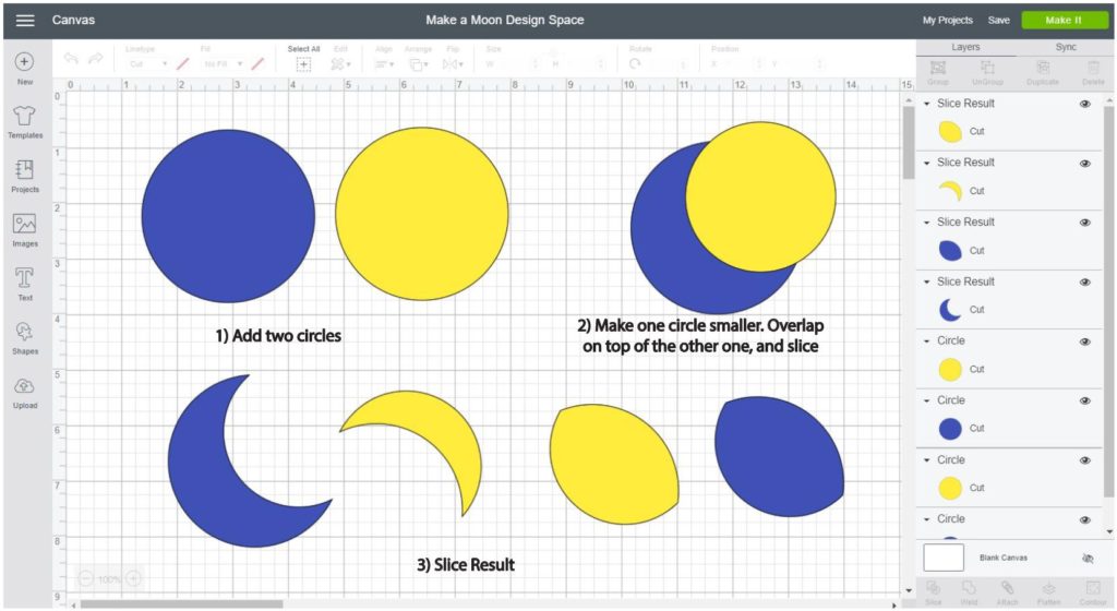 Screenshot Cricut Design Space: Step by step of how to make a moon using two circles