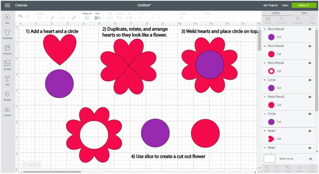 Screenshot Cricut Design Space: Step by step of how to make a flower using hearts and circles