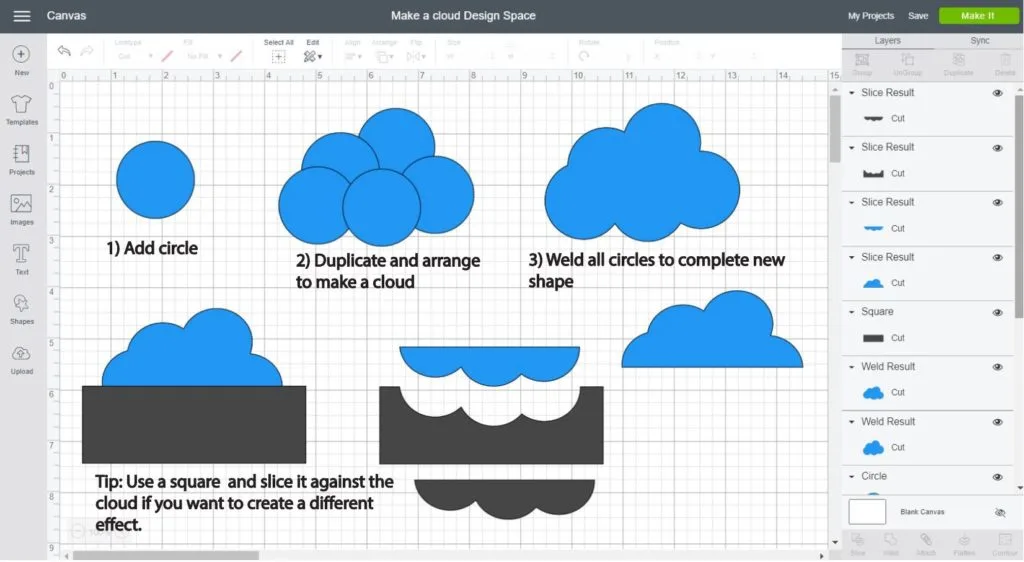 Screenshot Cricut Design Space: Step by step of how to make a cloud using just a circle