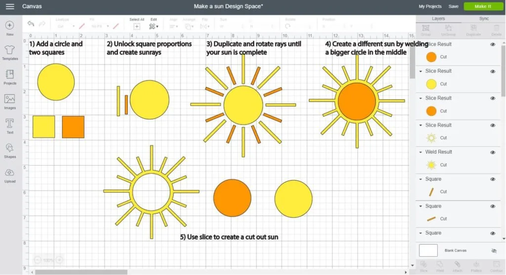 Screenshot Cricut Design Space: Step by step of how to make a sun using a circle and two squares