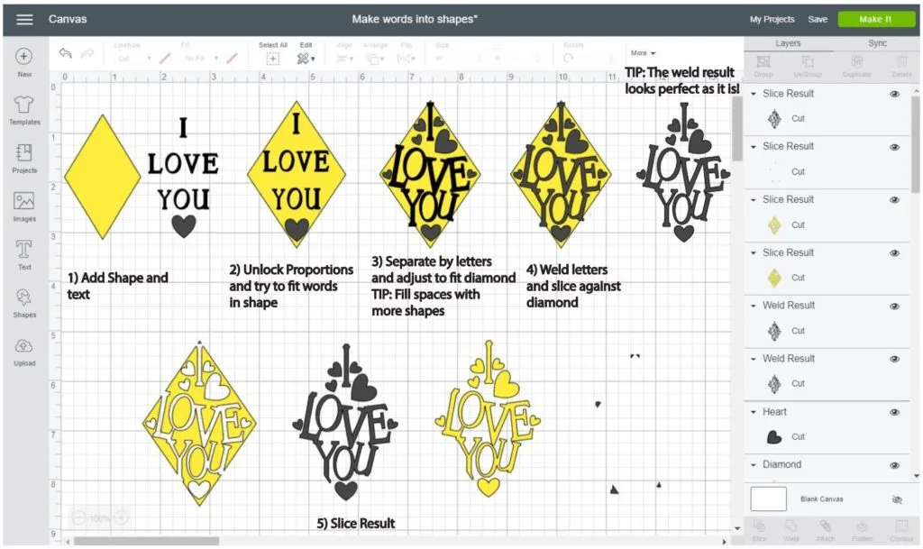Screenshot Cricut Design Space: Step by step of how to make a word into a diamond shape