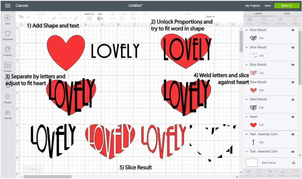 Screenshot Cricut Design Space: Step by step of how to make a word into a heart shape