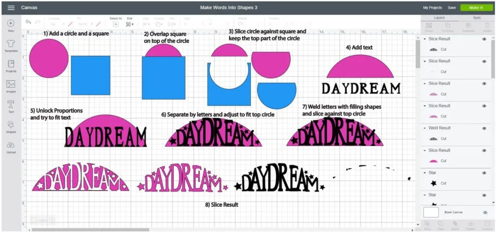 Screenshot Cricut Design Space: Step by step of how to make a word into a half circle shape