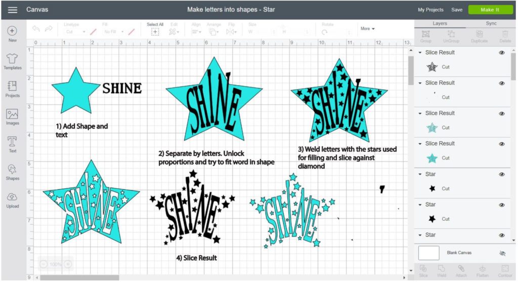 Screenshot Cricut Design Space: Step by step of how to make a word into a star shape