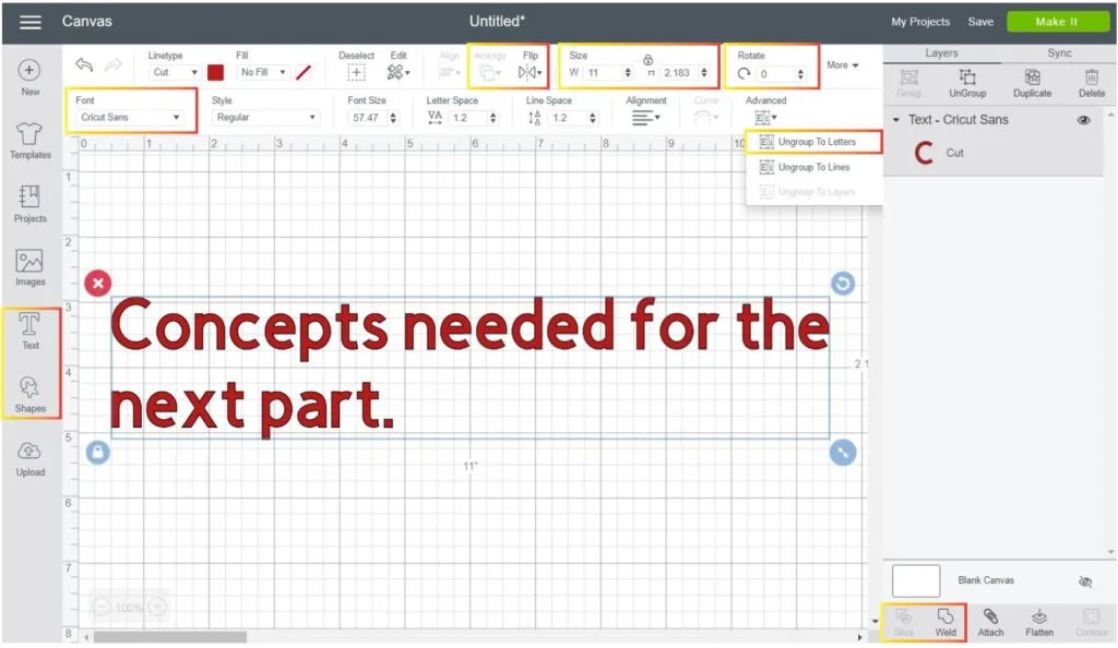 Screenshot Cricut Design Space of concepts you need to know before moving forward on this tutorial