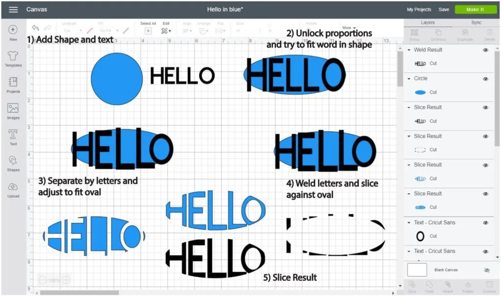 Screenshot Cricut Design Space: Step by step of how to make a word into an oval shape