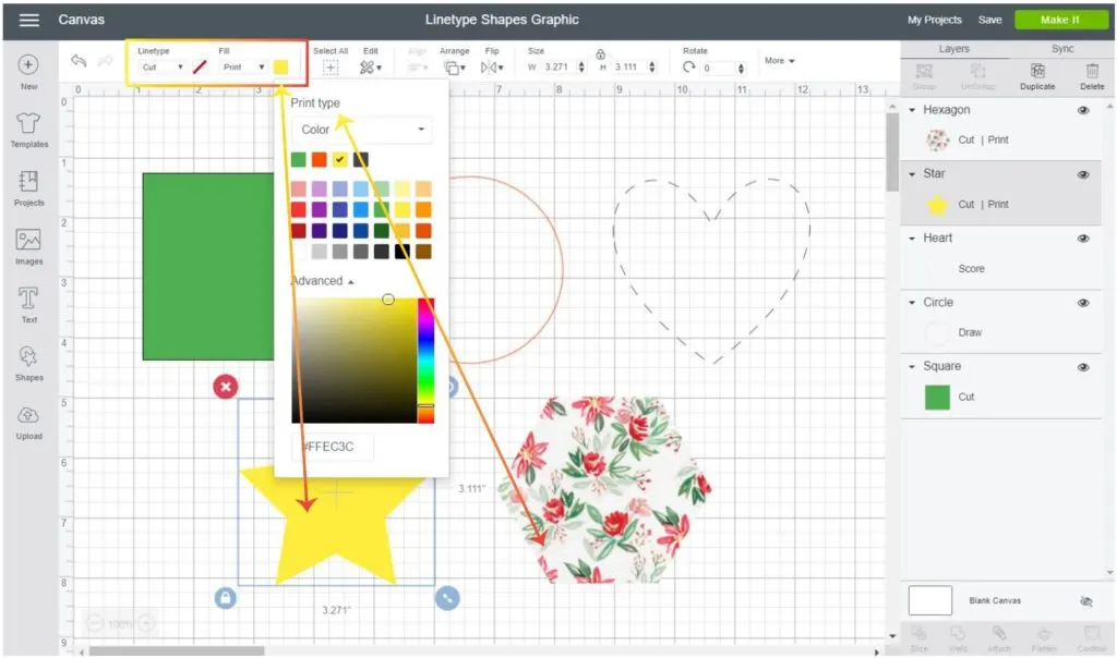 Screenshot Cricut Design Space:  Change color for  print then cut shape and add patterns