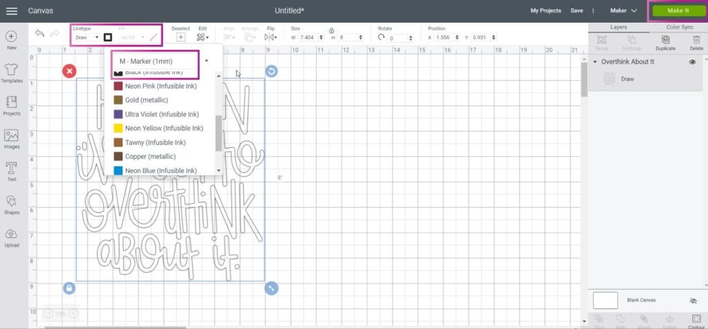 Change image's linetype to draw and select the Infusible Ink Pen color you need.