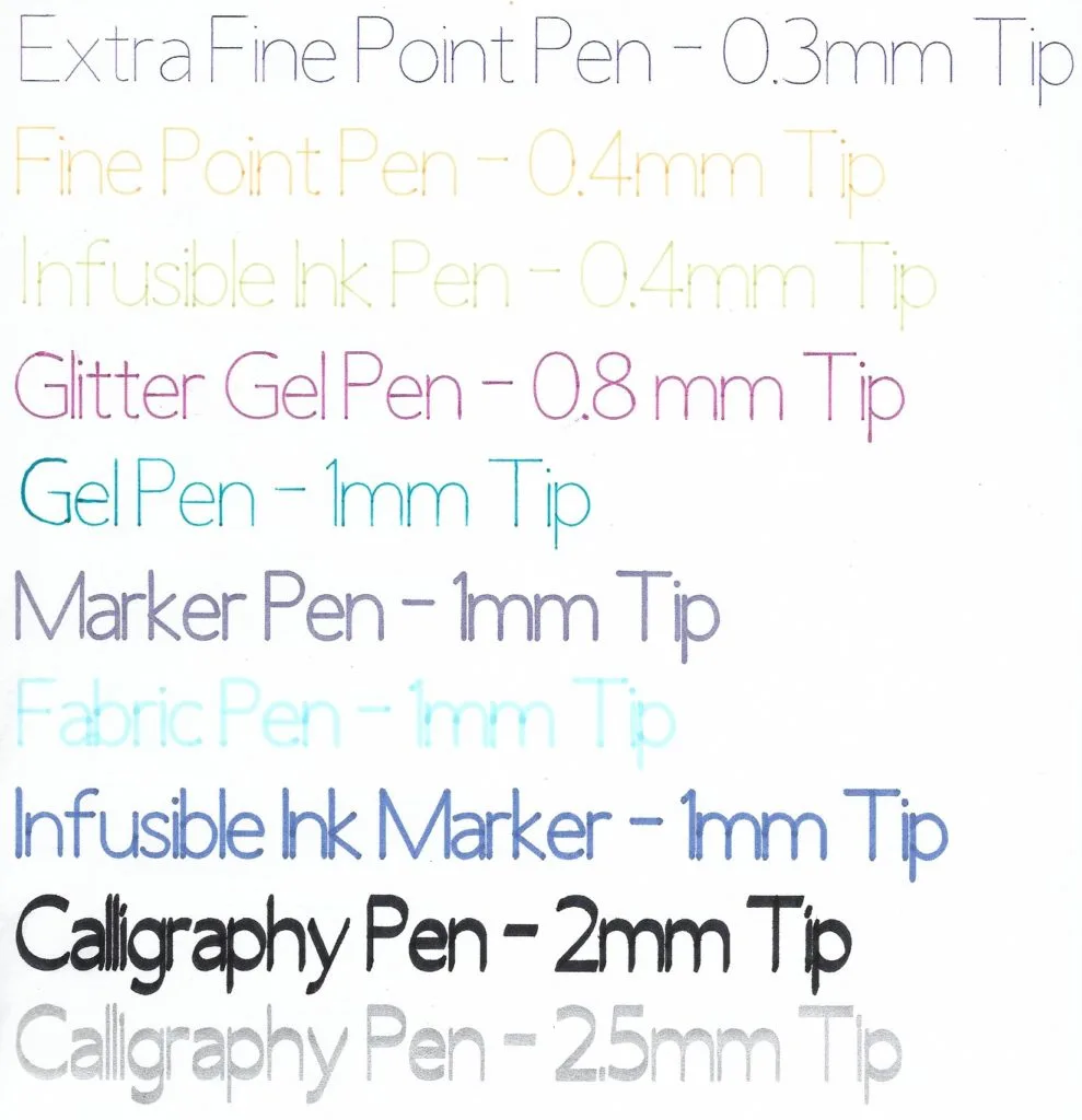 How Cricut Pens look when using different sizes.