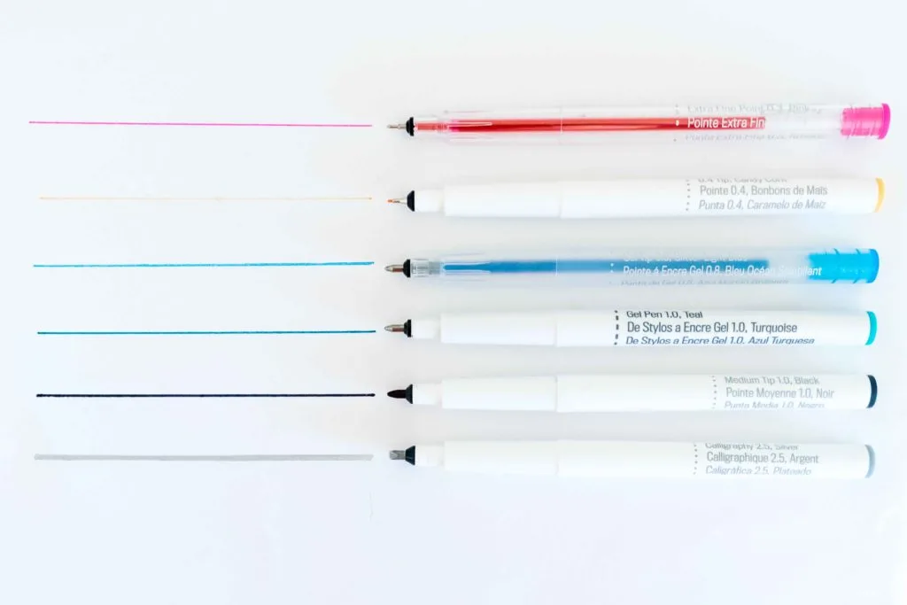 Different types of Cricut Pens tips with lines that show how each one looks like