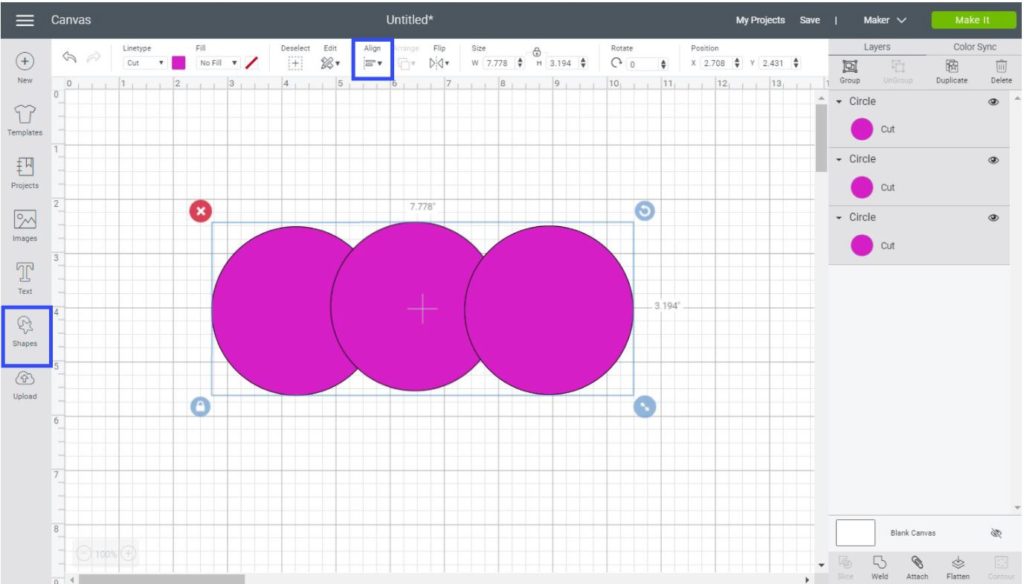 Circles in Cricut Design Space to form a curvy shape.