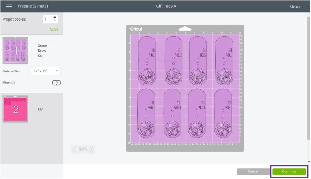 Mat preview with tags in Cricut Design Space