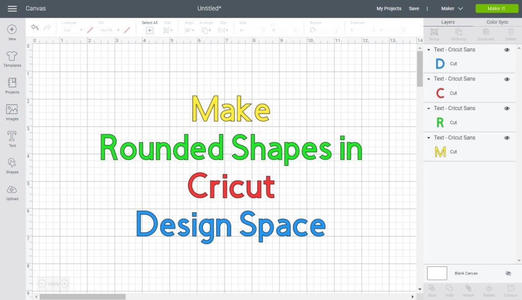 Text in the canvas area that says: make rounded shapes in Cricut Design Space