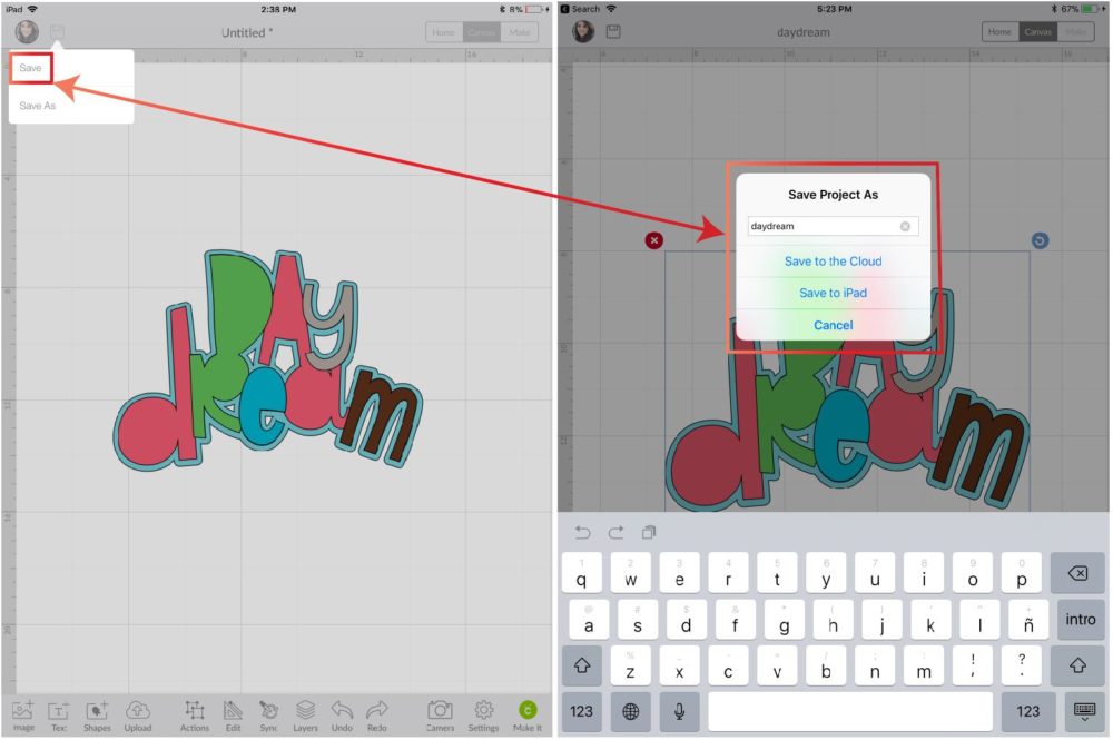 Saving and naming a project in Cricut Design Space App