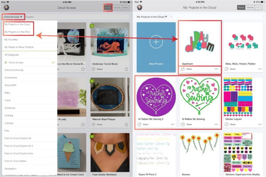 Opening projects in the cloud or Ipad/phone in Cricut Design Space App