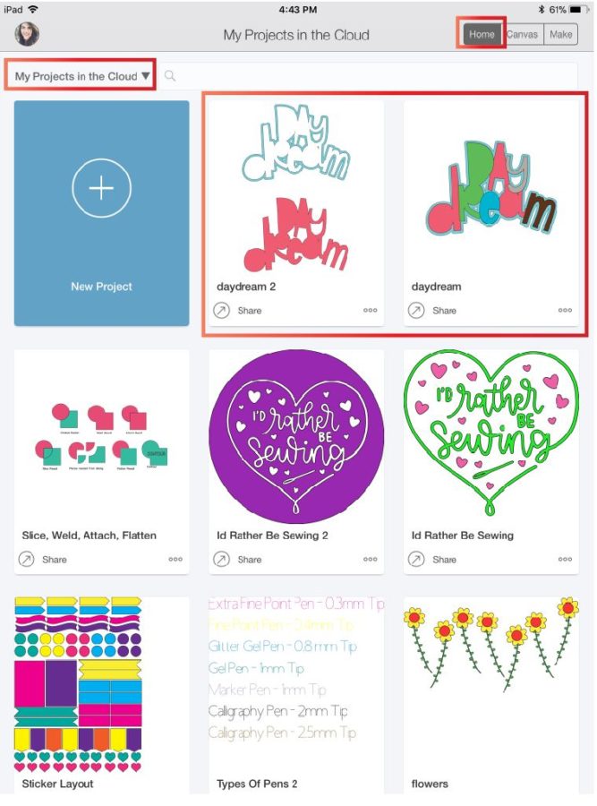 Checking all of the projects in the cloud in Cricut Design Space App