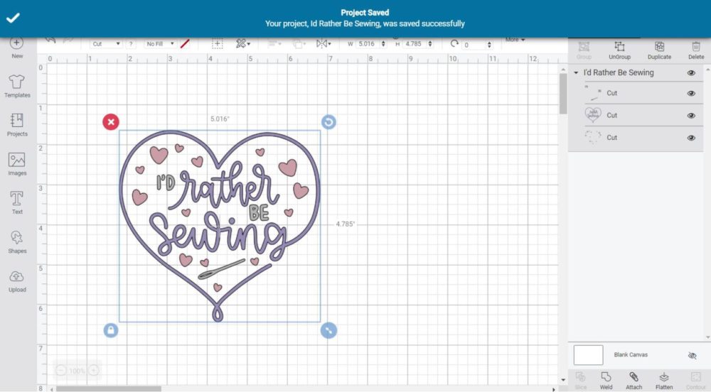 Project Saved Confirmation in Cricut Design Space Desktop 