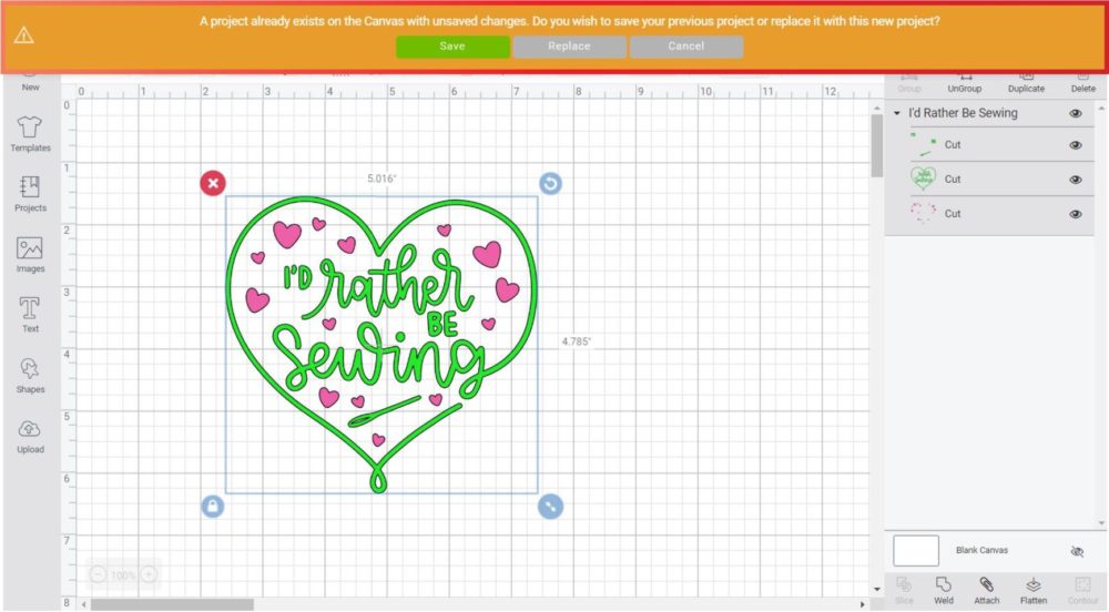 Replace and Save Warning Cricut Design Space Desktop