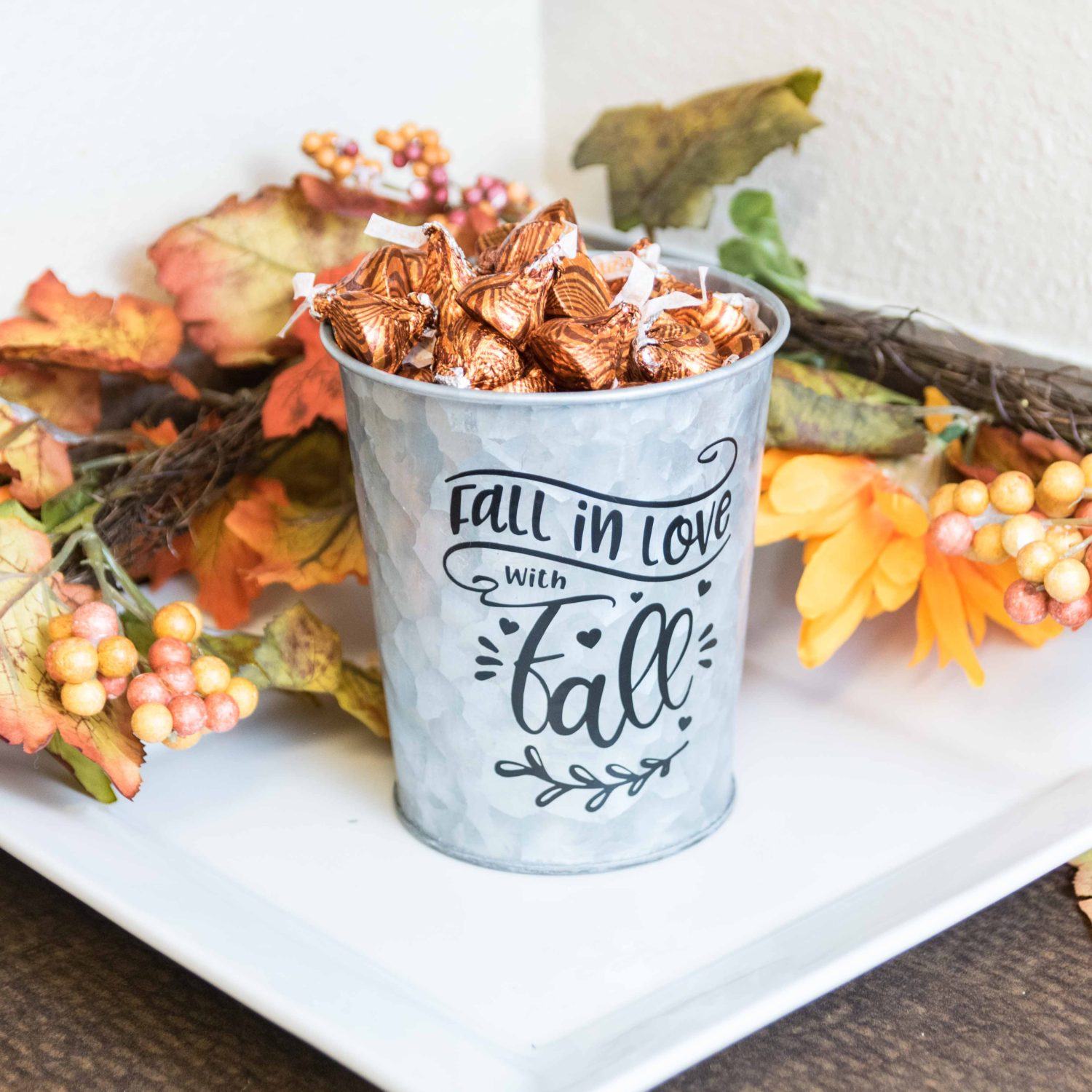 Metal Bucket decorated with black vinyl for the fall season full view