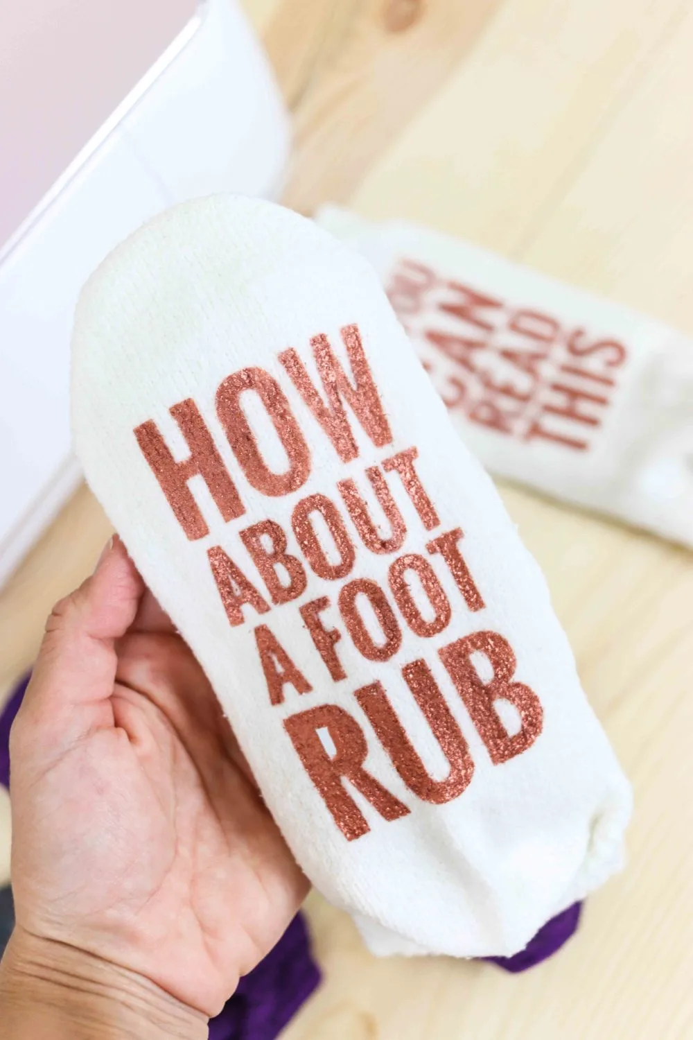 Socks made with metallic fabric paint made with freezer paper and cricut