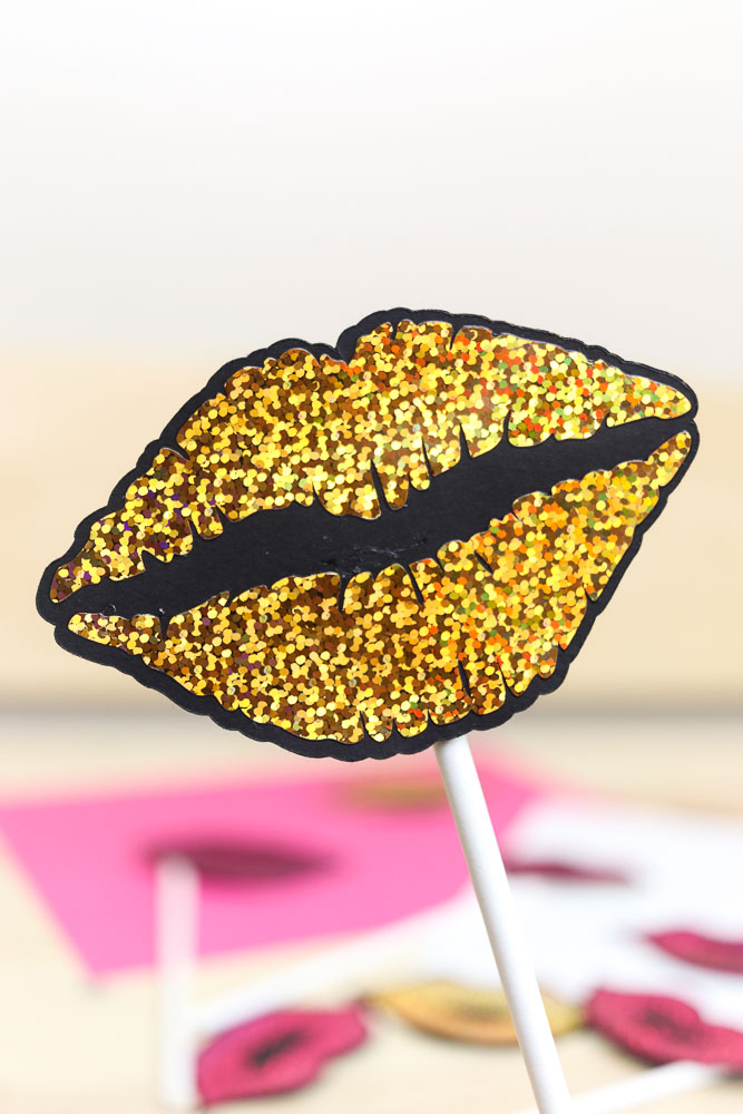 lips photo props made with black cardstock and holographic sparkle iron-on