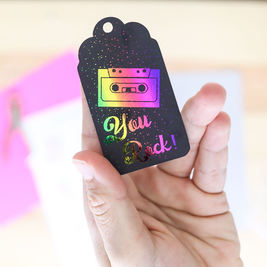 "You rock"  Birthday gift tag with foil effects