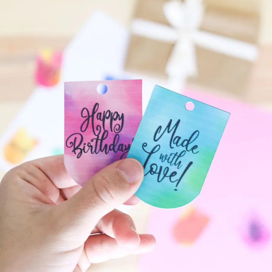 Watercolor gift tags that say "happy birthday" and "made with love"