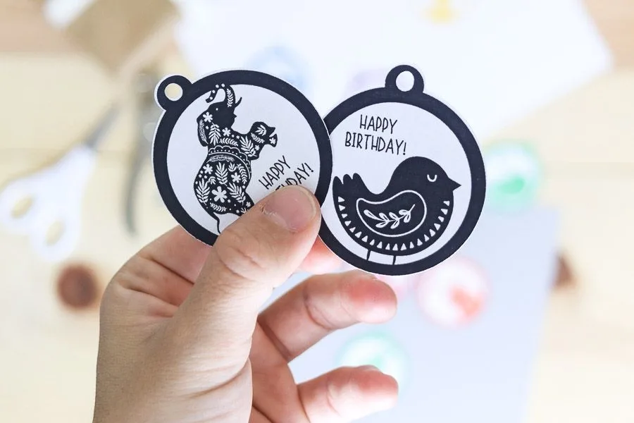 Black and white "elephant" and "bird" birthday gift tags free printable