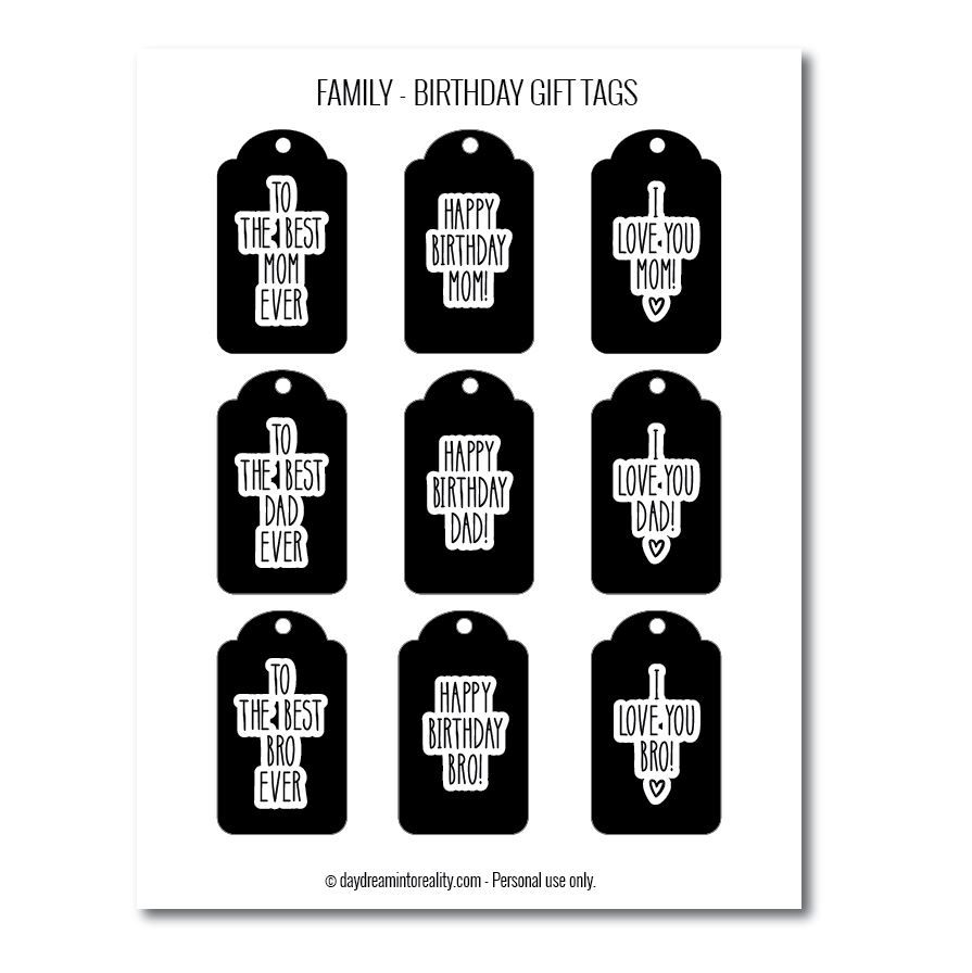 Family birthday gift tags free printables  black and white version 1