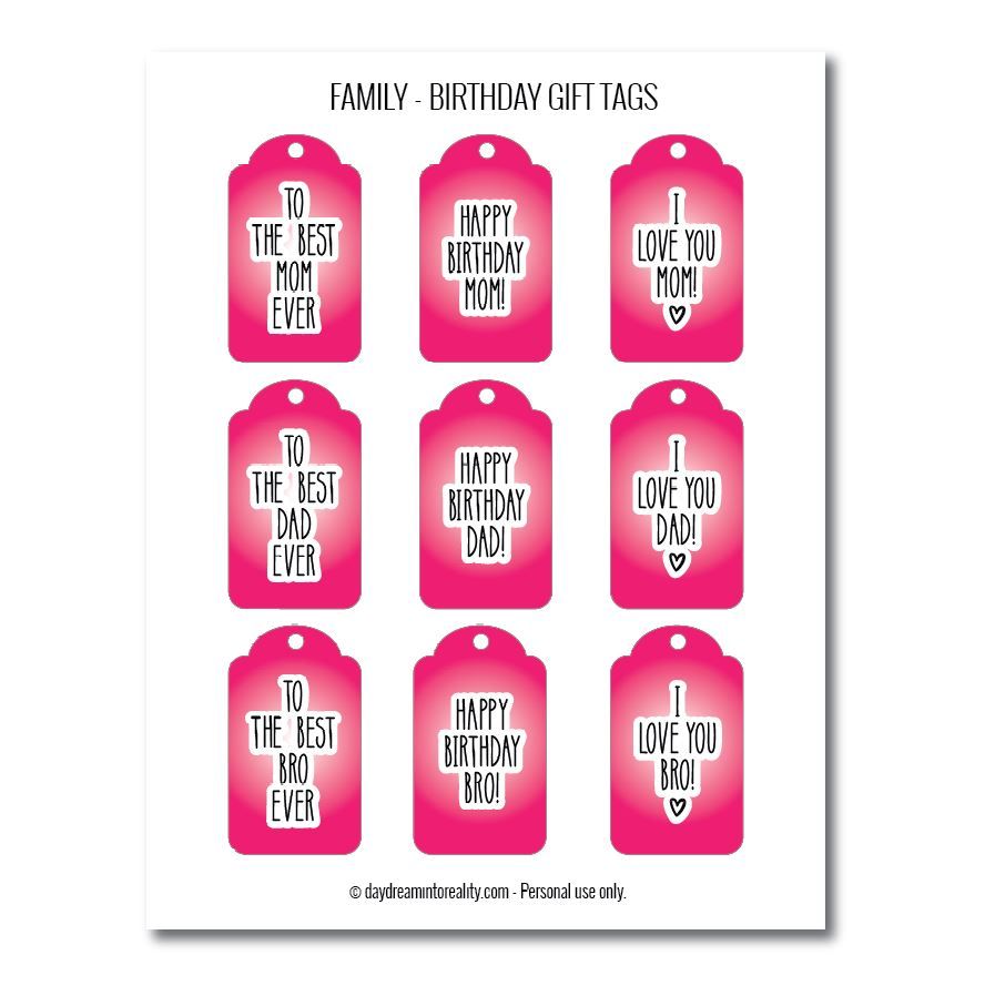 Family birthday gift tags free printables pink