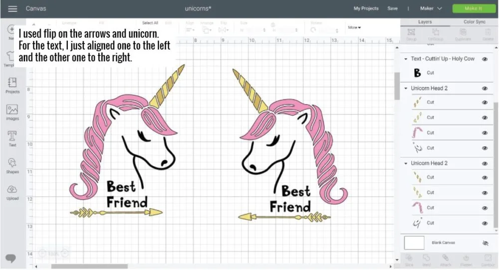 Unicorn Best friend design looking at each other using "FLIP" in Cricut Design Space.