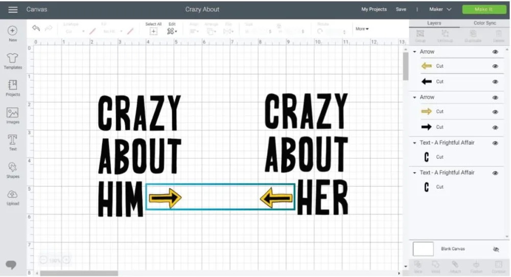 Crazy About Him/Crazy About her Designs in Design Space using flip.