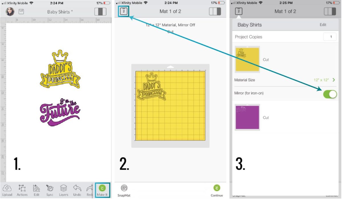 Steps to turn mirror-on in Cricut Design Space App.